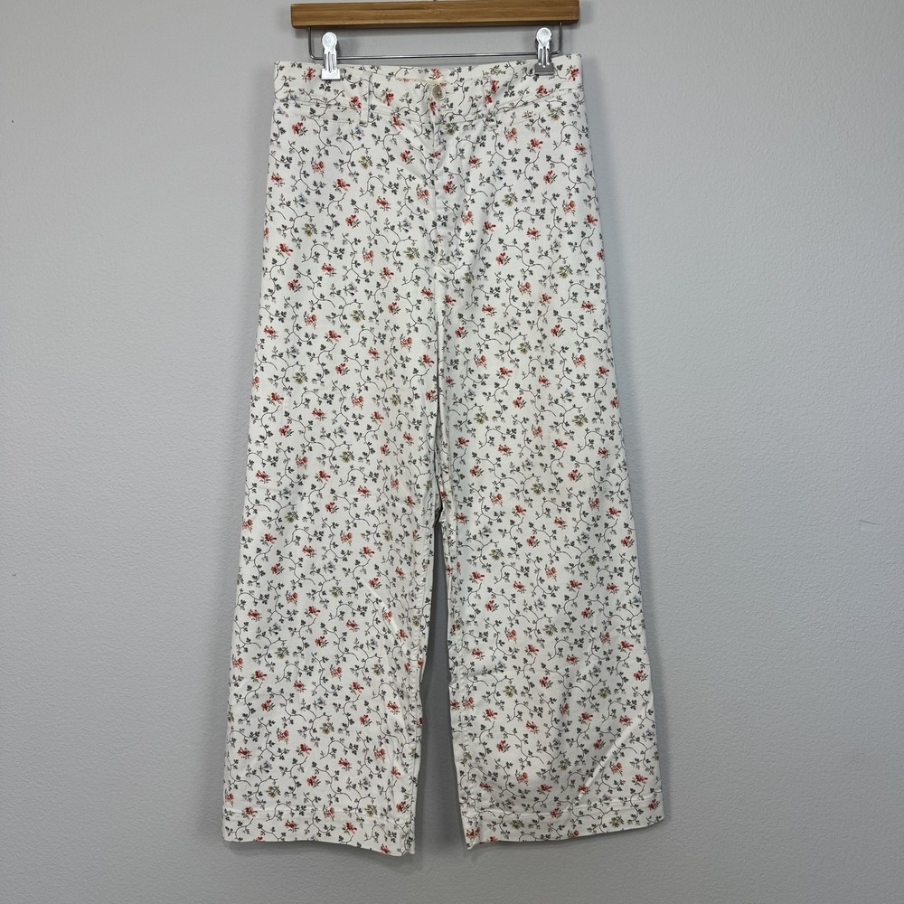 Rebecca Taylor Pants Womens 30 White Floral Denim High Rise Wide Leg Crop Jeans